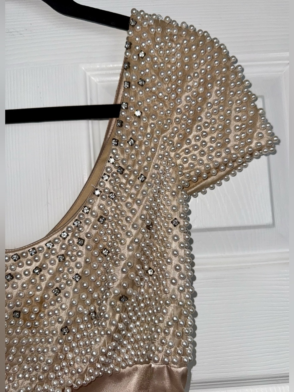 BADGLEY MISCHKA Collection Pearl Beaded Rhinestone Champagne Satin Ruched Dress - Picture 7 of 15
